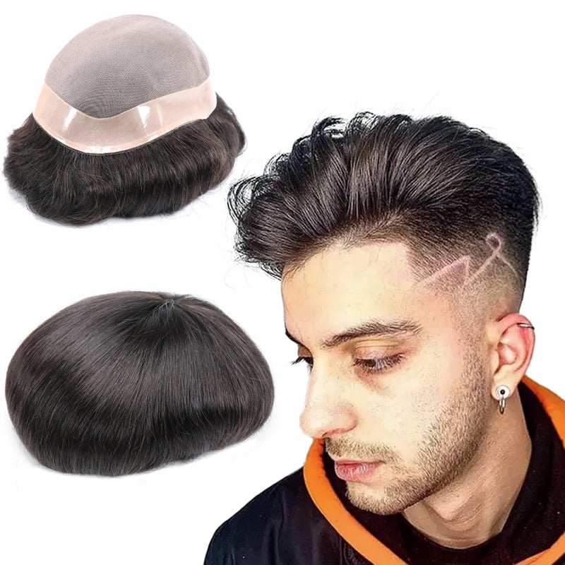 lumeng Toupee Mans Pieces and Hair System 100% Human Hair Mens Hairpiece Male Unit Mono Lace With Npu Around Lace Base Replacement 7x9 Inch 1B Off Black Strong Hold Undetectable Toupee System - Image 1